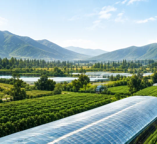 Greenhouses and terraced farmland beside irrigation ponds