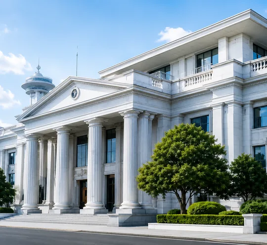Colonnaded government building behind trimmed gardens