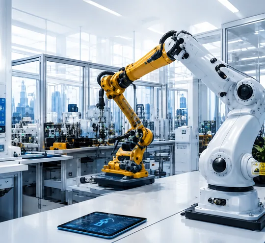 Robotic arm on a bright automated production line