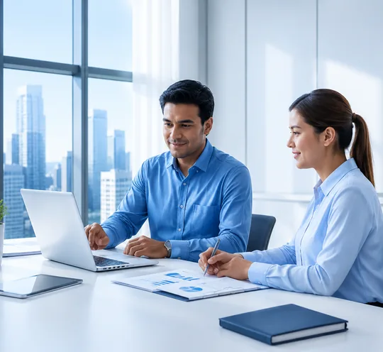 Two colleagues reviewing reports on a laptop in a bright office