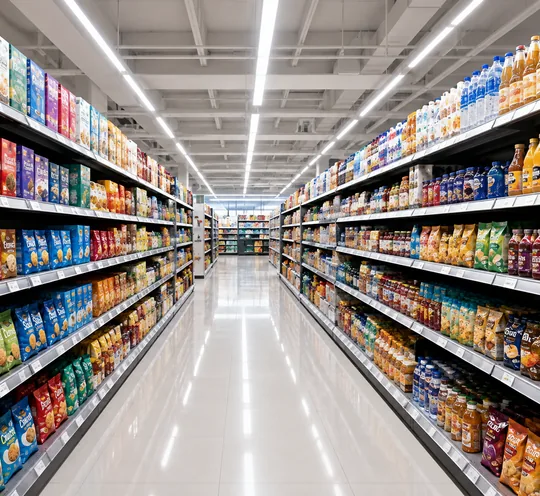 Stocked supermarket aisle seen down its full length