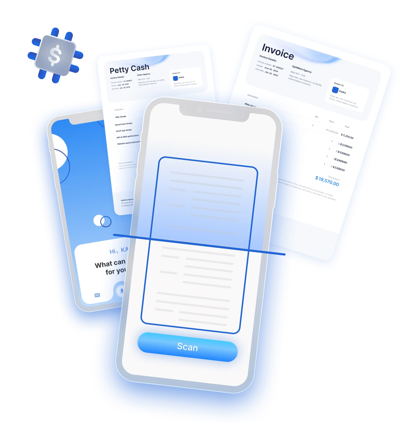 A phone scanning a document alongside AI-generated invoices
