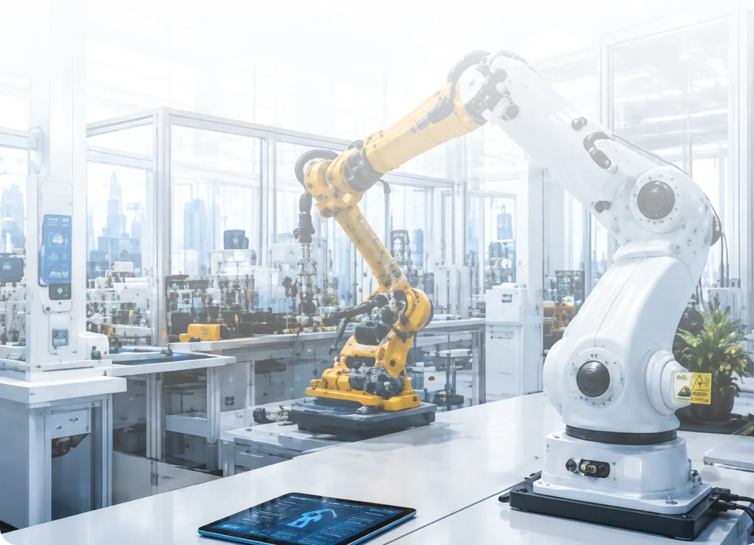 Robotic arm working a packaging line on a factory floor
