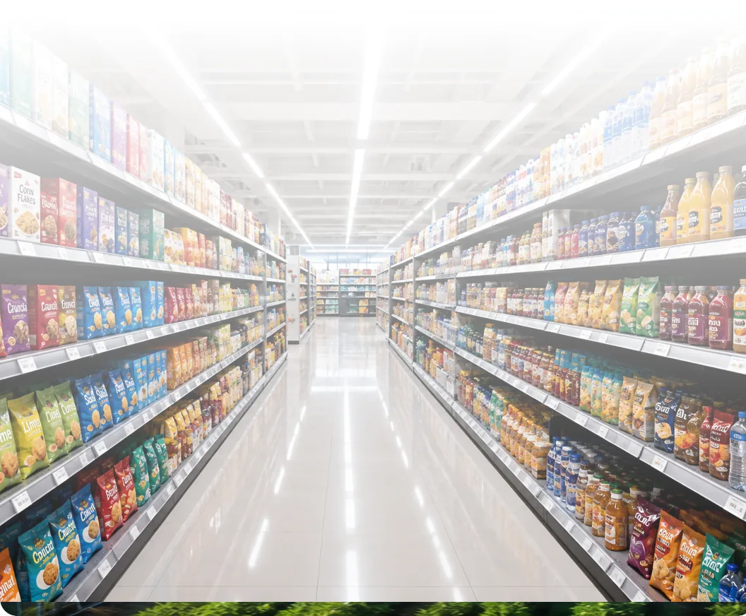 Stocked supermarket aisle seen down its full length